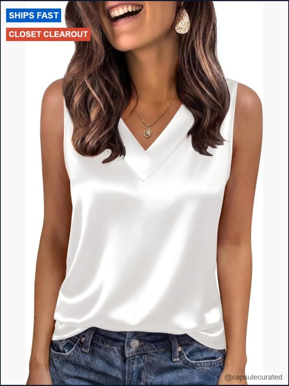 Satin V Neck Tank Top Sleeveless Work Blouse Summer Camisole